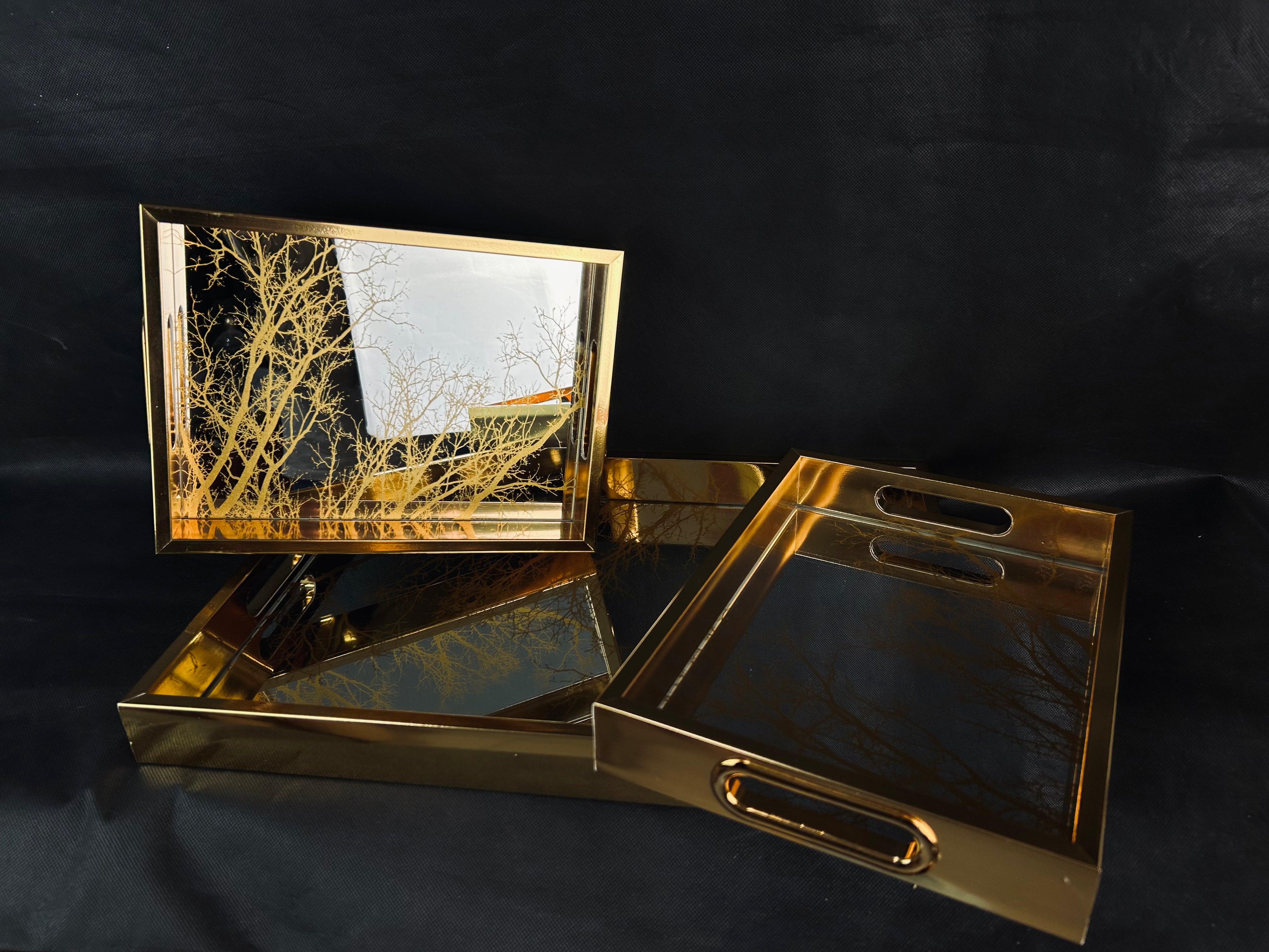 Set x 3 charolas doradas con imágenes de ramas