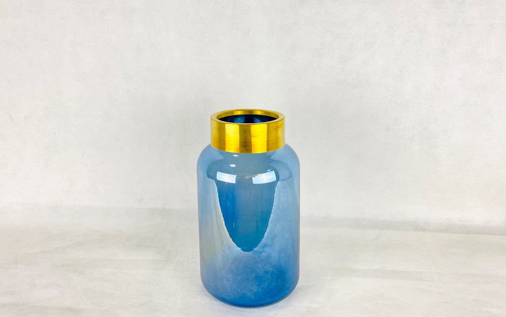 Florero azul con boquilla dorada